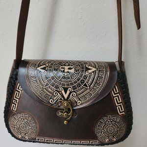 Mexican hand tooled leather purse Aztec Calendar Design